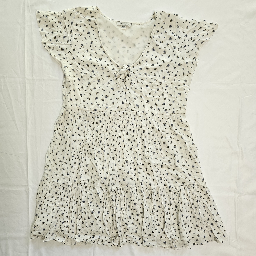 American Eagle Womens L White Blue Floral Tiered Babydoll Mini Dress